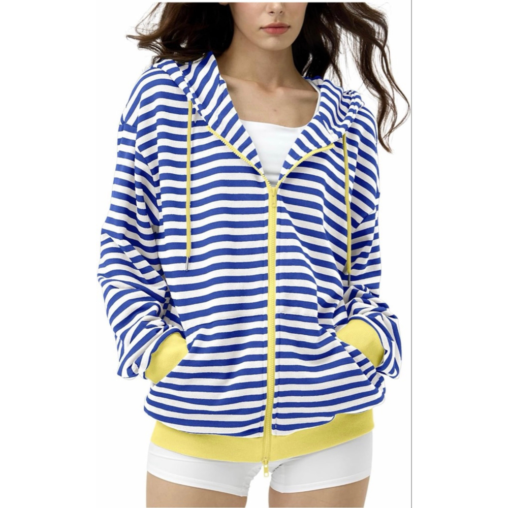 NEW Cotton Blend Striped Zip Up Oversized Sweatshirt Hoodie Zipper L